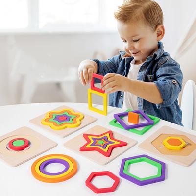 Wooden Geometry Puzzle Board Game Preschool Color Learning Geometric Shape Matching Puzzle Toddlers Boys