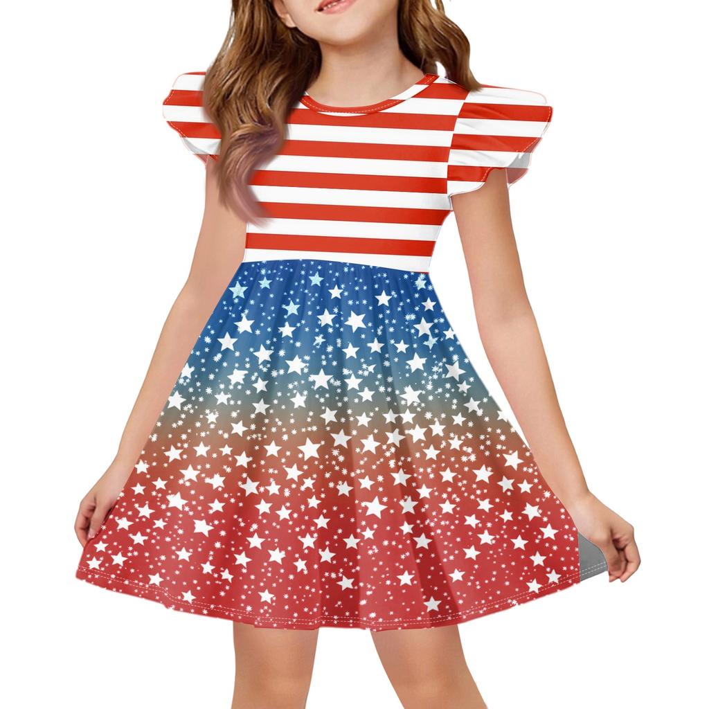 Mädchen Kleid mit Puffärmeln Unabhängigkeitstag Feiertagskleid Amerikanische Flagge gemustertes Skaterkleid Lässiges Sommeroutfit für Kinder