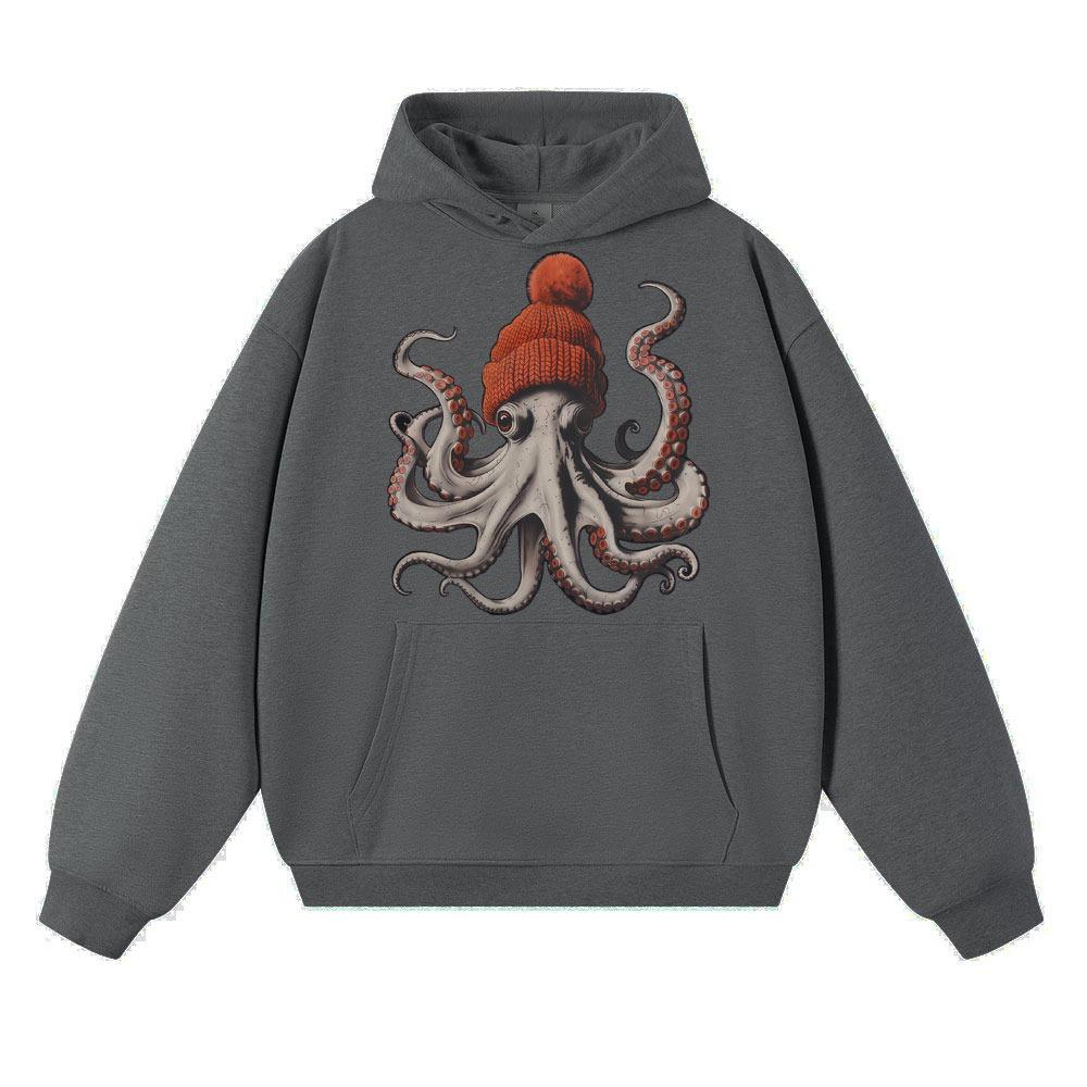 Bere Takmış Komik Ahtapot Grafik Kapüşonlu Sweatshirt Erkek Kadın Moda 90lar Vintage Uzun Kollu Oversize Polar Sweatshirt