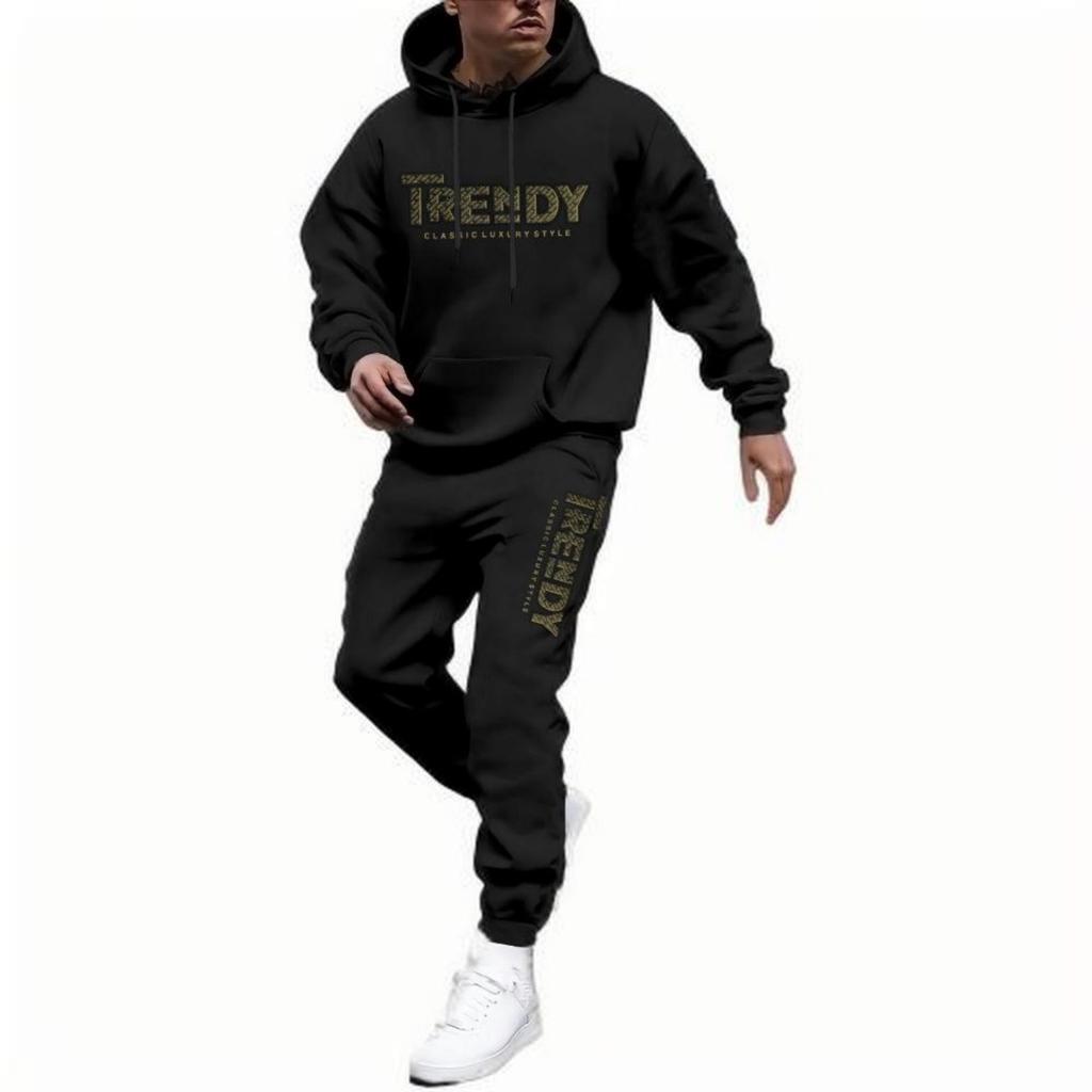 Men's Casual Solid Color Letter-printed Sweatshirt Set, Men's Fleece Hooded Drawstring Sweatshirt And Sweatpants Two-piece Set