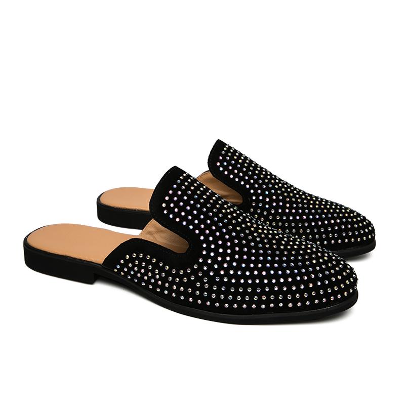 

New Men Slippers PU Flat Heel One Step Outdoor Comfortable Business Office Half Dragged Sandals Size 38-46 Men Slippers 46 черный белый