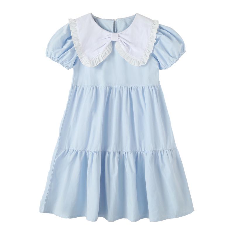 

Pure Cotton Summer 2025 Korean-Style Puff Sleeve Bowknot Dress for Girls 140 cm светло-синий