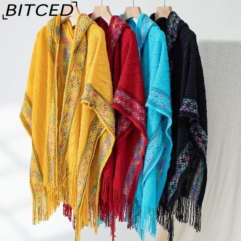BITCED Fall/Winter Ethnic-Style Knit Hooded Fringe Cape Sweater Shawl Women's Outerwear