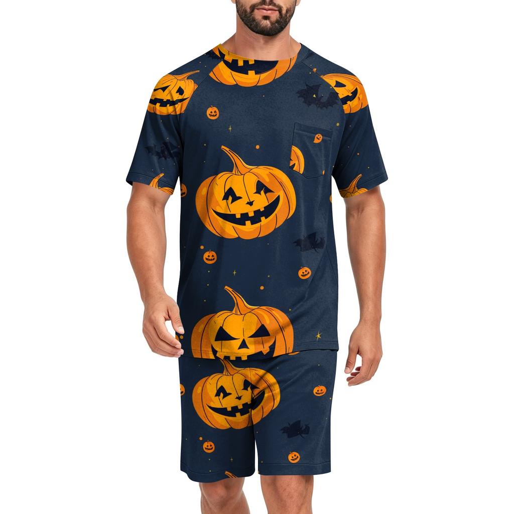 Men's Halloween Casual Lounge Pajama Set Short Sleeve Top and Shorts Comfortable Fit Lightweight Soft Fabric Relaxed Style