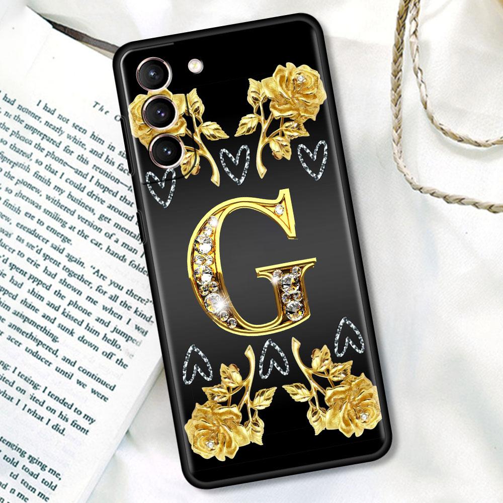 

Мягкий чехол для Samsung Galaxy S20 FE S21 Ultra S9 S10 Plus S22 S23 S24, черный матовый чехол для телефона, золотистая роза с буквой Galaxy S22 Plus