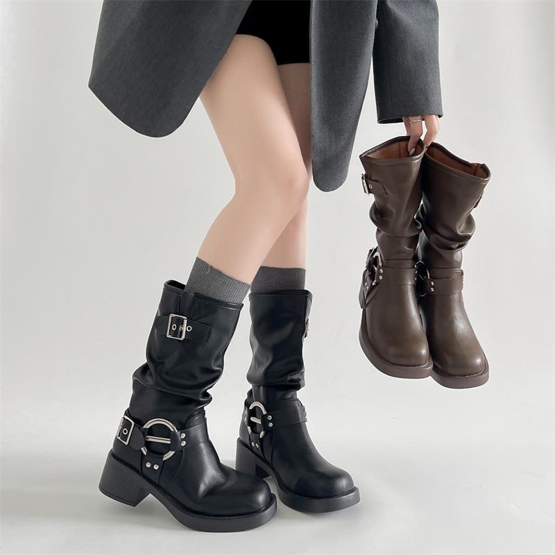 Thick Heel Women Mid Calf Boots Fashion Buckle Decoration Shoes Autumn Winter Ladies Western Cowboy Boots