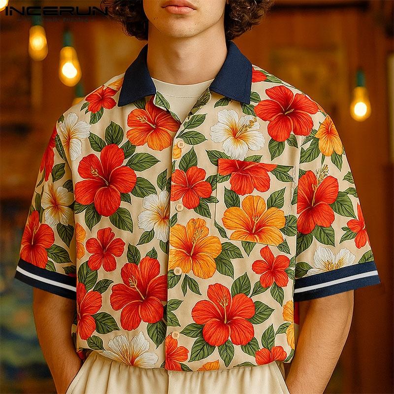 

INCERUN Summer Men Lapel Neck Short Sleeve Floral Print Stitching Casual Oversized Hawaiian Shirts 2XL