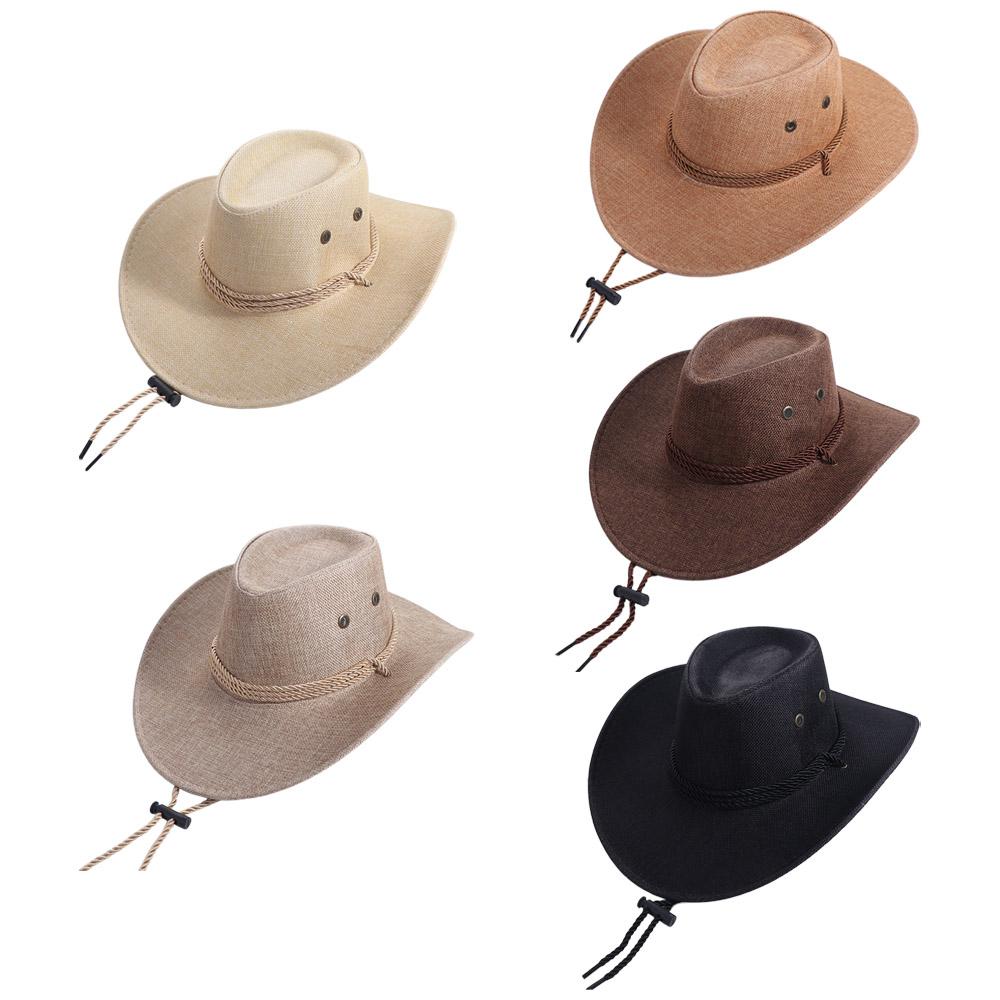 Wide Brim Summer Sun Hat Linen Beach Sunscreen Cap Vintage Western Cowboy Hat  Beach