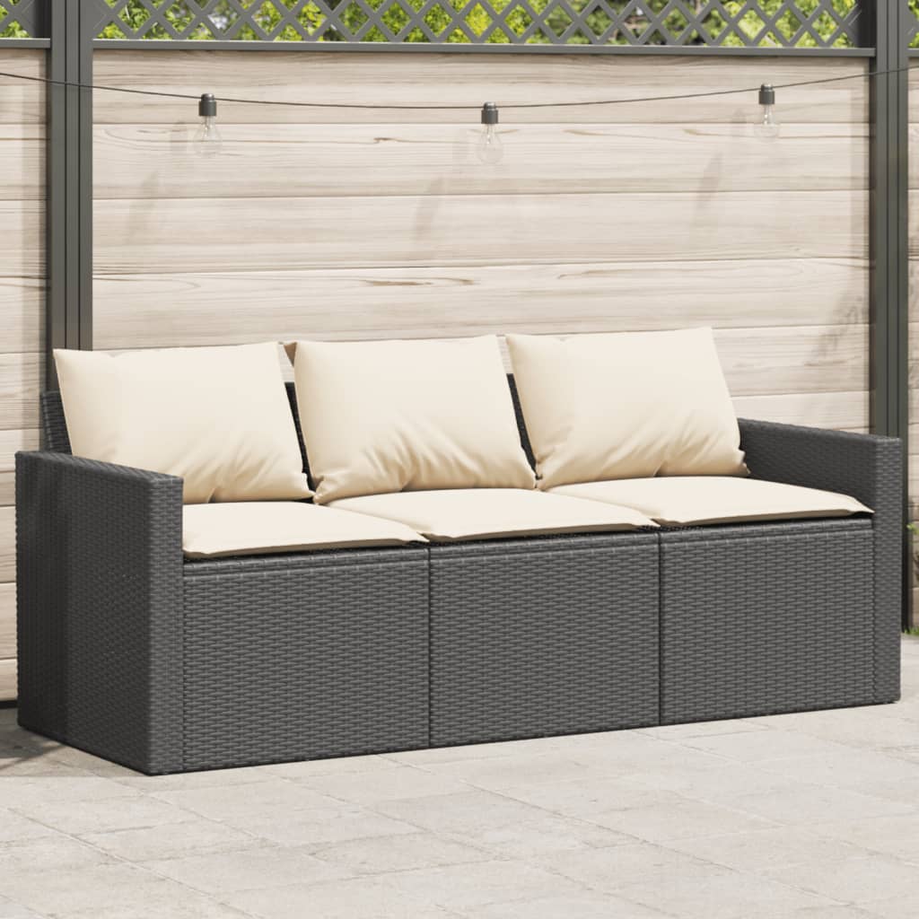 Garden Sofa with Cushions 3 Seater Black Poly Rattan