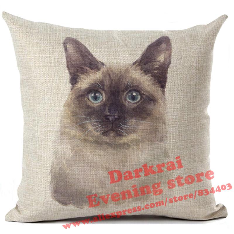 Cushion Cover Watercolor Cute Cat Printed Linen Pillow Cover Car Sofa Decorative Throw Pillows Home Decoration Pillowcase