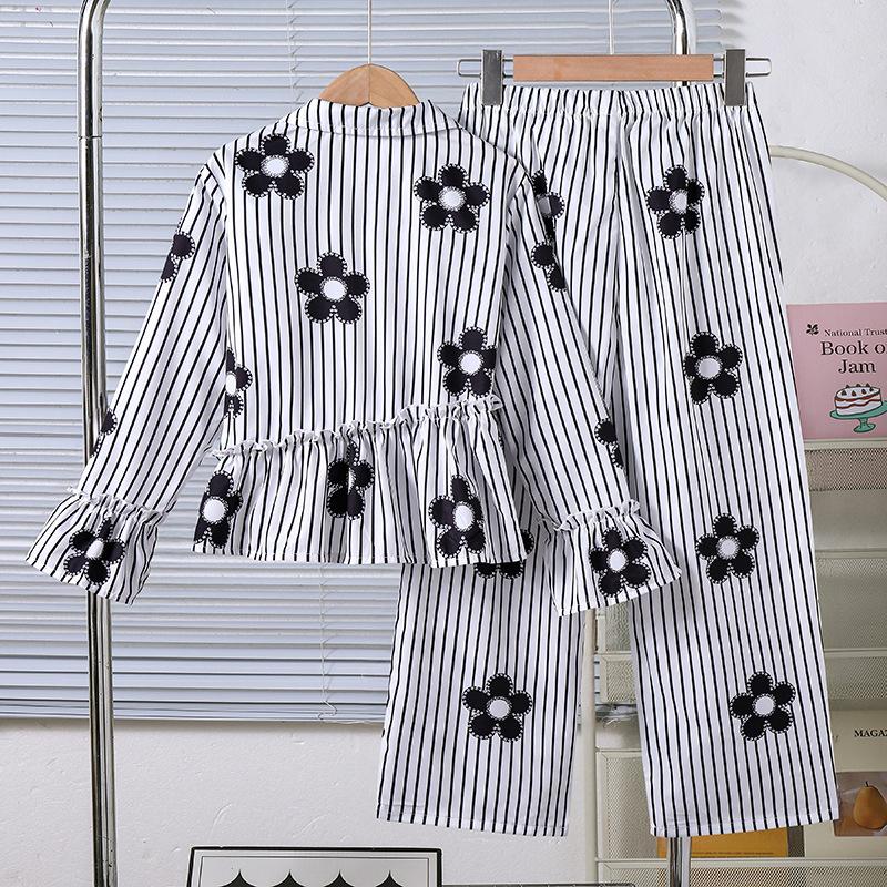 Girls' Fashionable Shirt Set for Fall Children's Striped and Floral Long-Pants Two-Piece Set
