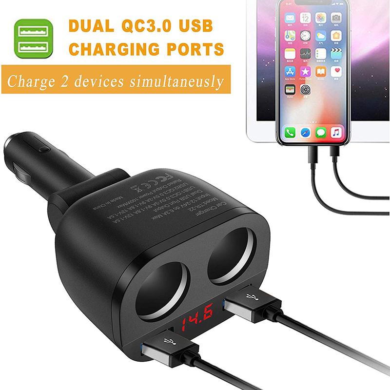 

TR-22Q Dual USB QC3.0 Fast Car Charger Digital Display 2-Socket Cigarette Lighter Adapter As Shown A