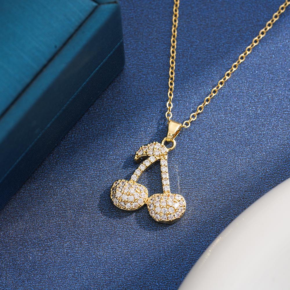 Trendy Titanium Steel Cherry Pendant Necklace for Women - Light Luxury Christmas Clavicle Chain