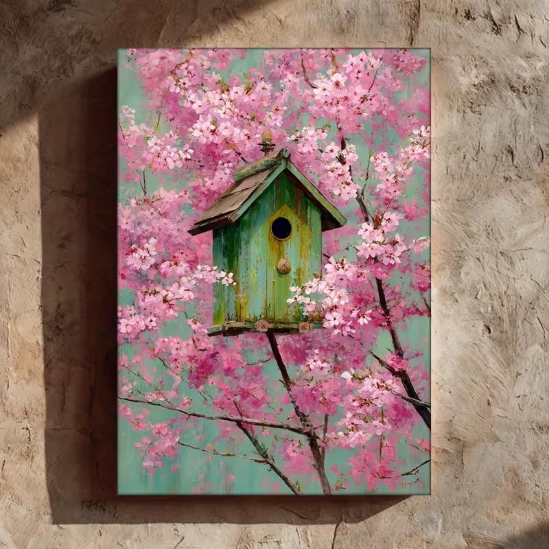 Vintage Cherry Blossom Birdhouse Canvas Wall Art - Pastel Pink Sakura Print with Green Birdhouse & Flowers, 21X30CMNo Framed