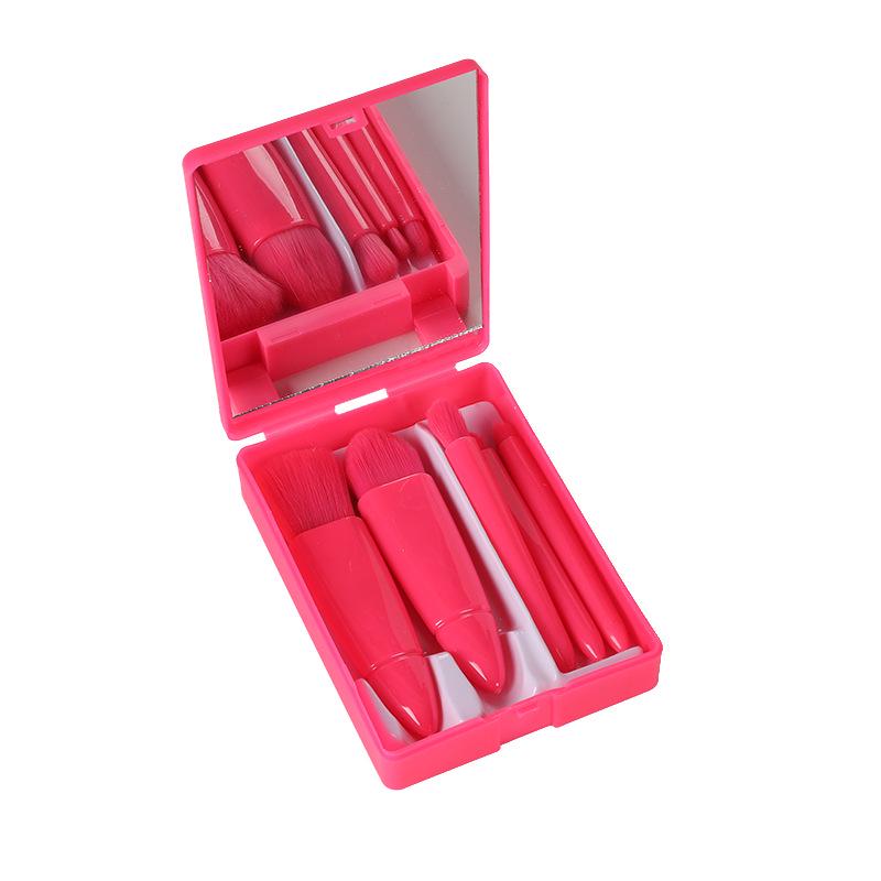 Compact 5-Piece Travel Brush Set with Mirror: Powder, Foundation, Eyeshadow Brushes & Makeup Tools