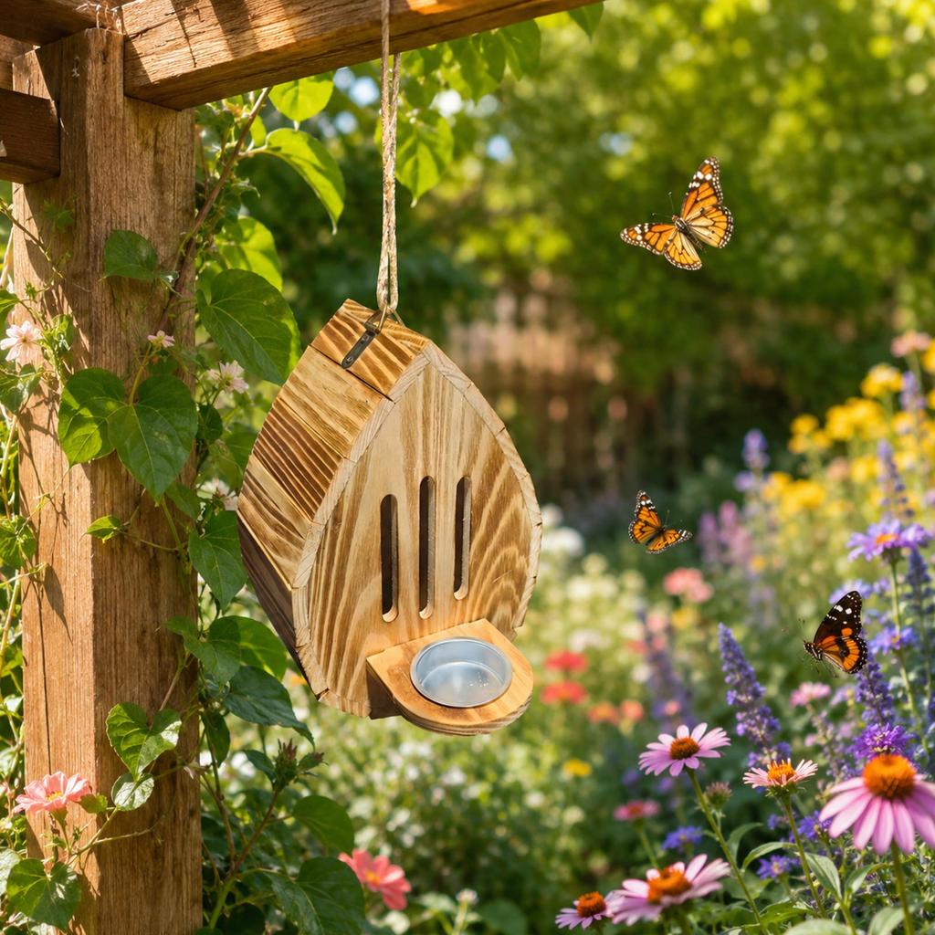 Wooden Butterfly House with Feeder for Outdoor Garden Butterfly