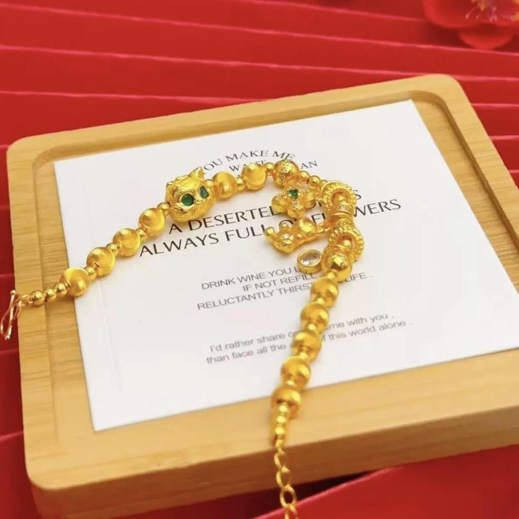 Emerald Green Four-Leaf Clover Kitten Bracelet - Luxury Women's Gold Style Bangle