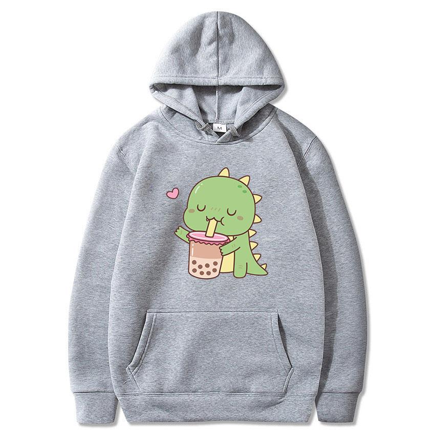Bubble Tea Kawaii Dinosaur Print Hoodies 2021 Woman Man Autumn Hooded Clothes Milk Tea Pullover Female Hip Hop Casual Streetwear