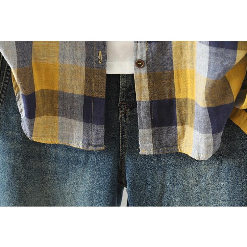 Herbstliches, doppellagiges, kariertes Langarmhemd mit Vintage-Art-Muster aus Baumwollgarn für Damen