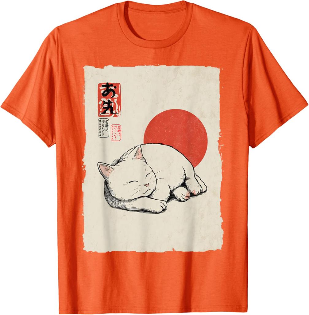 Gatto Bianco Dormiente Arte Giapponese Stile Ukiyo E Maglietta Grafica Casual in Cotone