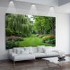 A large-scale garden flower mural covering one square meter - a beautiful background with green trees