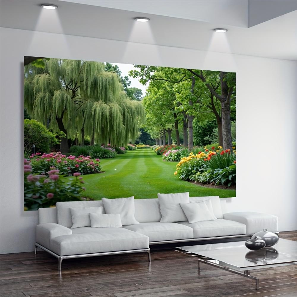 A large-scale garden flower mural covering one square meter - a beautiful background with green trees