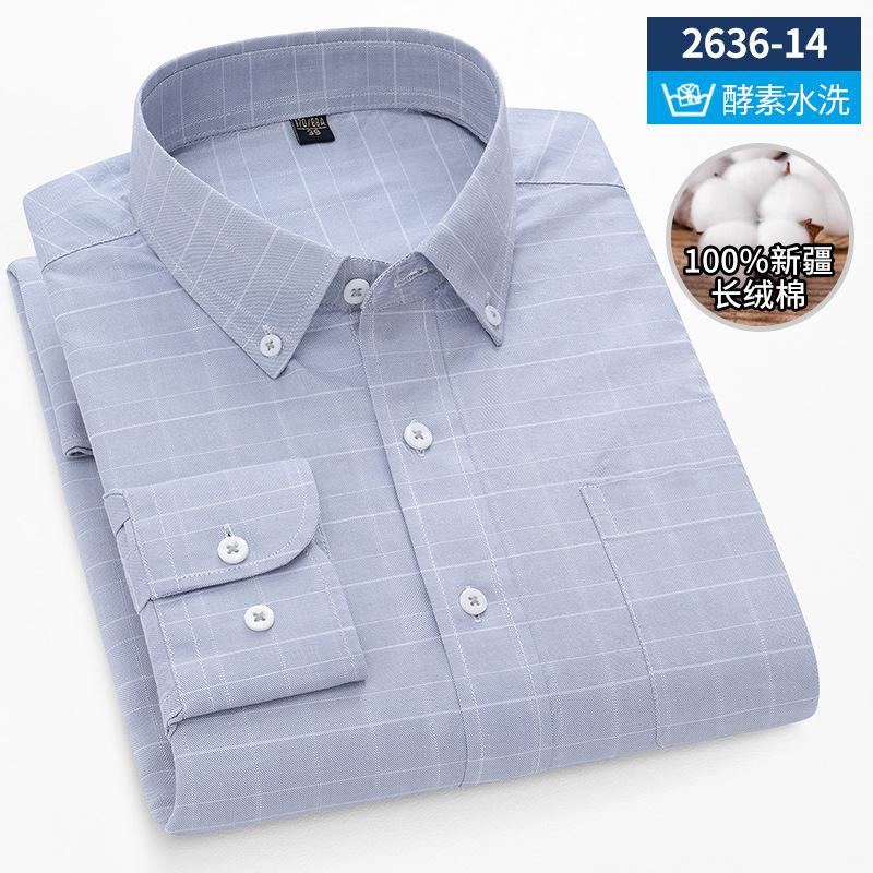 Ny bomullsskjorta för män Oxford Långärmad Randig Casual Business Ficka Rutig Skjorta för Män