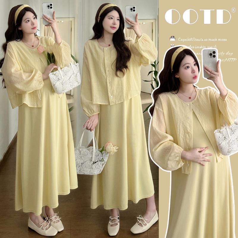 2026 Spring Maternity Two-Piece: Long Sleeve Cardigan & Plus Size Vest Dress M