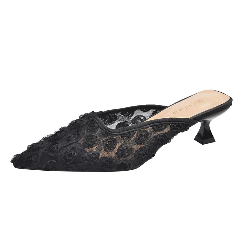 Fashion Flower Women Slippers Fashion Pointed Toe Heeled Sandals Lace Mules Shoes Slingback Elegant Summer Dress 2025 New Mujer Zapatos