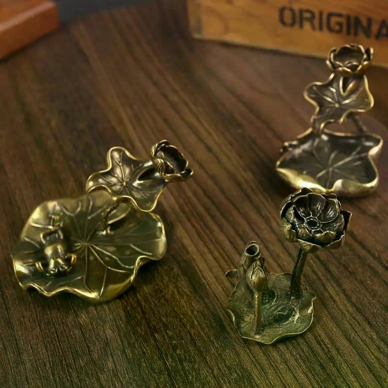 Antique Brass Leaf Backflow Incense Decorations Solid Pure Copper Frog Pond Censer Holder Ornaments Tea Pets