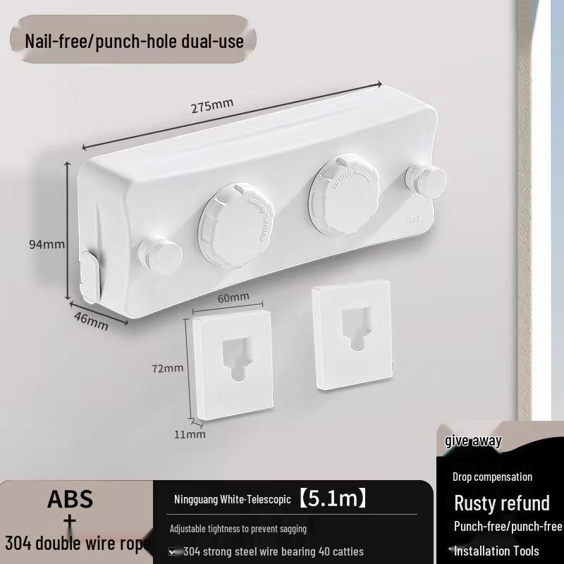 Dual-Line Retractable Indoor Clothesline, Wall-Mounted Stainless Steel, No-Drill Installation