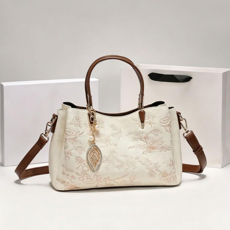 Elegant Chinese Style Embroidered Tote Bag Women Office Commute Crossbody PU Shoulder