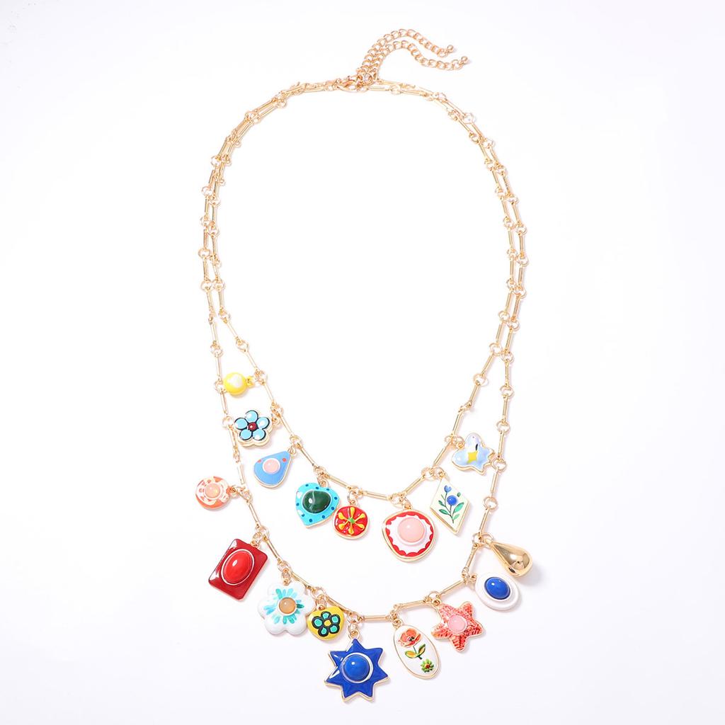 Bohemian Exaggerated Exquisite Flower Geometric Starfish Diverse Pendant Double Necklace Temperament Elegant Woman
