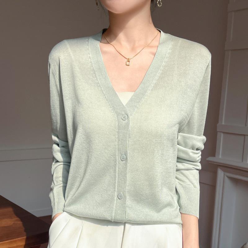 

Tencel Knit V-Neck Cardigan - Spring/Summer Women s Fashion, Light Sun Protection Korean Style Medium