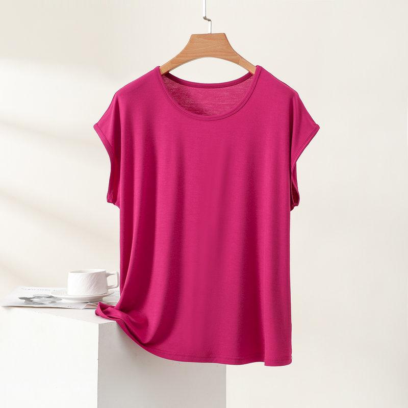 Camiseta Modal de Mujer Verano Fina Cuello Redondo Manga Corta Blusa Minimalista Holgada Tallas Grandes Transpirable Casual Diaria Camisetas