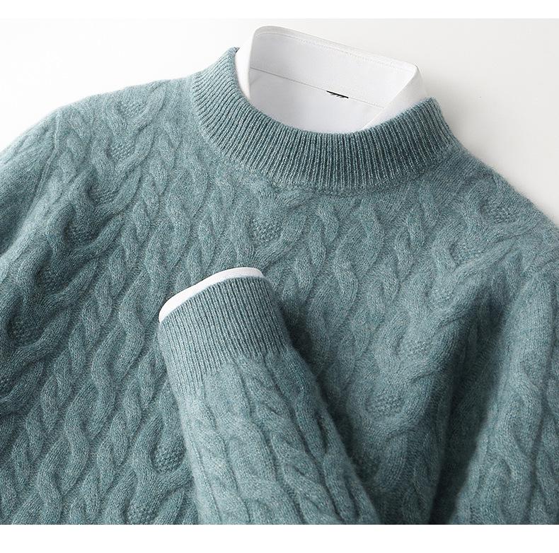Men's Thickened Pure Wool Half-High Collar Cable Knit Sweater - Autumn Winter Loose Business Casual Base Layer