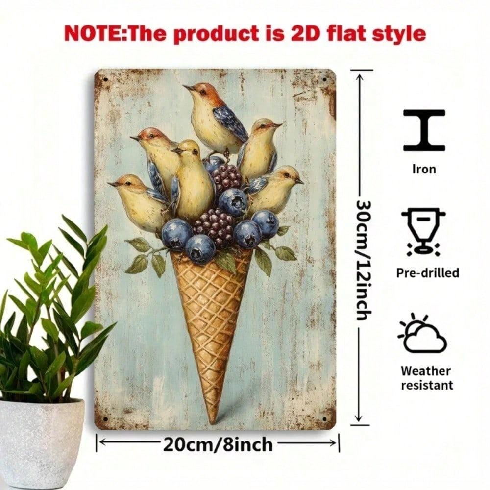 2D Retro Berry Bird Metal Tin Sign 20x30cm Vintage Rustic Iron Wall Art Garden Patio Living Room Decor Plaque