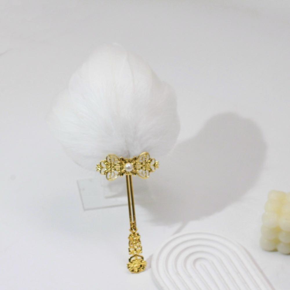 Vintage Ornate Feather Hand Fan Gold Handle Chinese Style Fan Fluffy Feather Fan  Wedding Party белый