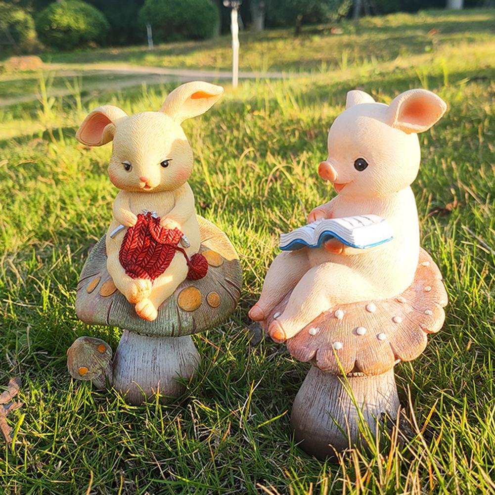 Cute Sculpture Resin Figurine Whimsical Figurine Set for Fairy Garden Flowerpot Decoration Reading Pig Knitting Rabbit Cartoon