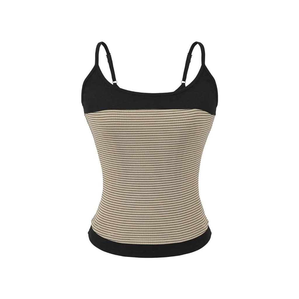 Koreanisches Farbblock-Streifen-Camisole & Hose mit Kordelzug und Schlag