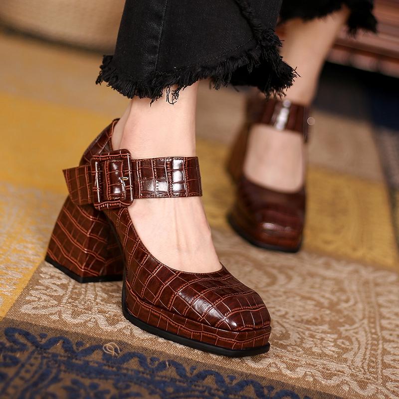 Retro Concise Mary Janes Women Pumps Genuine Leather Platforms Thick Heels Shoes Woman 2024 Spring Casual Buckle Pumps New Shoes
