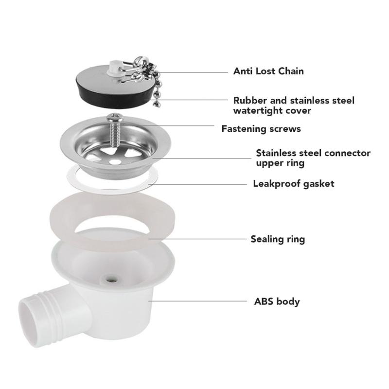 Sink Drain Assembly for Trailer and Boat Use, Angled Side Outlet Drain Fitting with Cap Chain, Plastic Body and Stainless Trim for Sink Repair