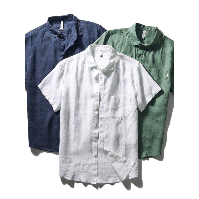 Chinese Style Pure Linen Short-Sleeved Shirt for Men, Summer Thin Loose Jacket, Export White Casual Shirt