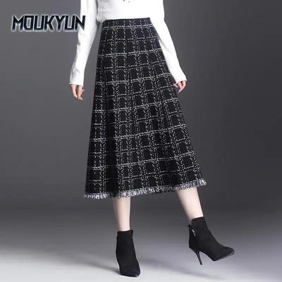 Autumn Winter Knitted A-line Skirts Women Plaid Tassel Mid-length Skirt  Korean Fashion Female Faldas