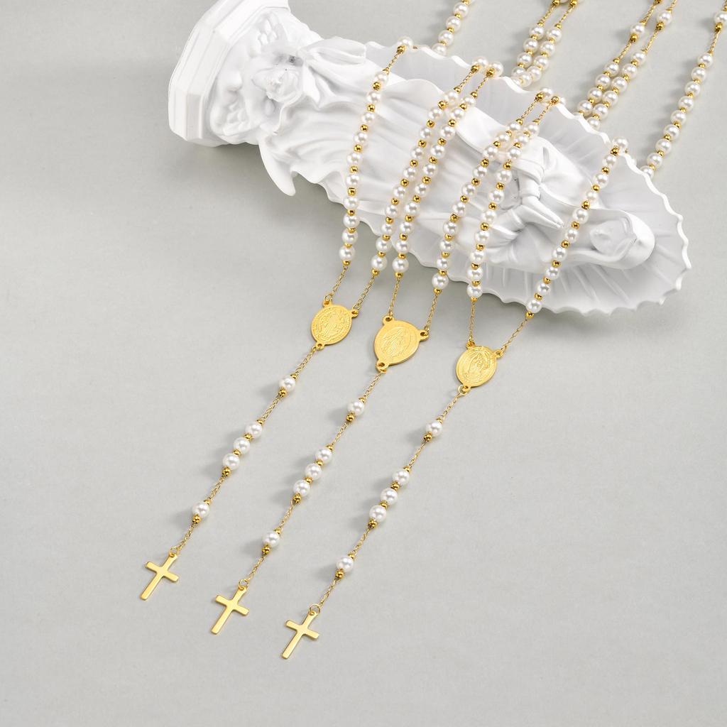 Holy Cross Rosary Virgin Necklaces Y-shaped, Women's Imitation Pearl Beaded Saint Benedict Necklace,Stainless Steel Jewelry Gift