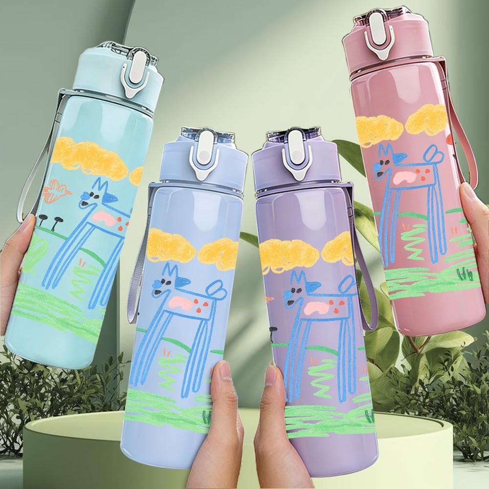 1PC Simple Children Drawing Layout 750ml Color Plastic Sports Water Bottle Leakproof Flip Straw Lid For Sports Office Home Use