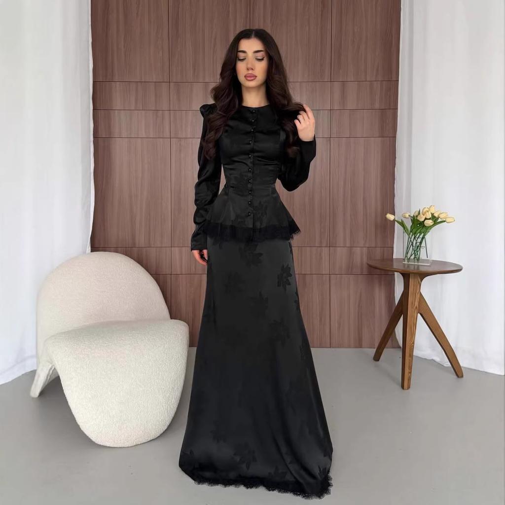 Spring and Autumn New European, American, Amazon Cross-border Solid Color Short Top Long Skirt Small Black Skirt Two-piece Set