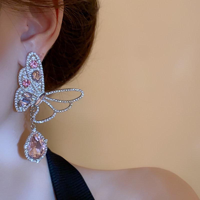Silver Needle Luxury Rhinestone Butterfly Drop Earrings