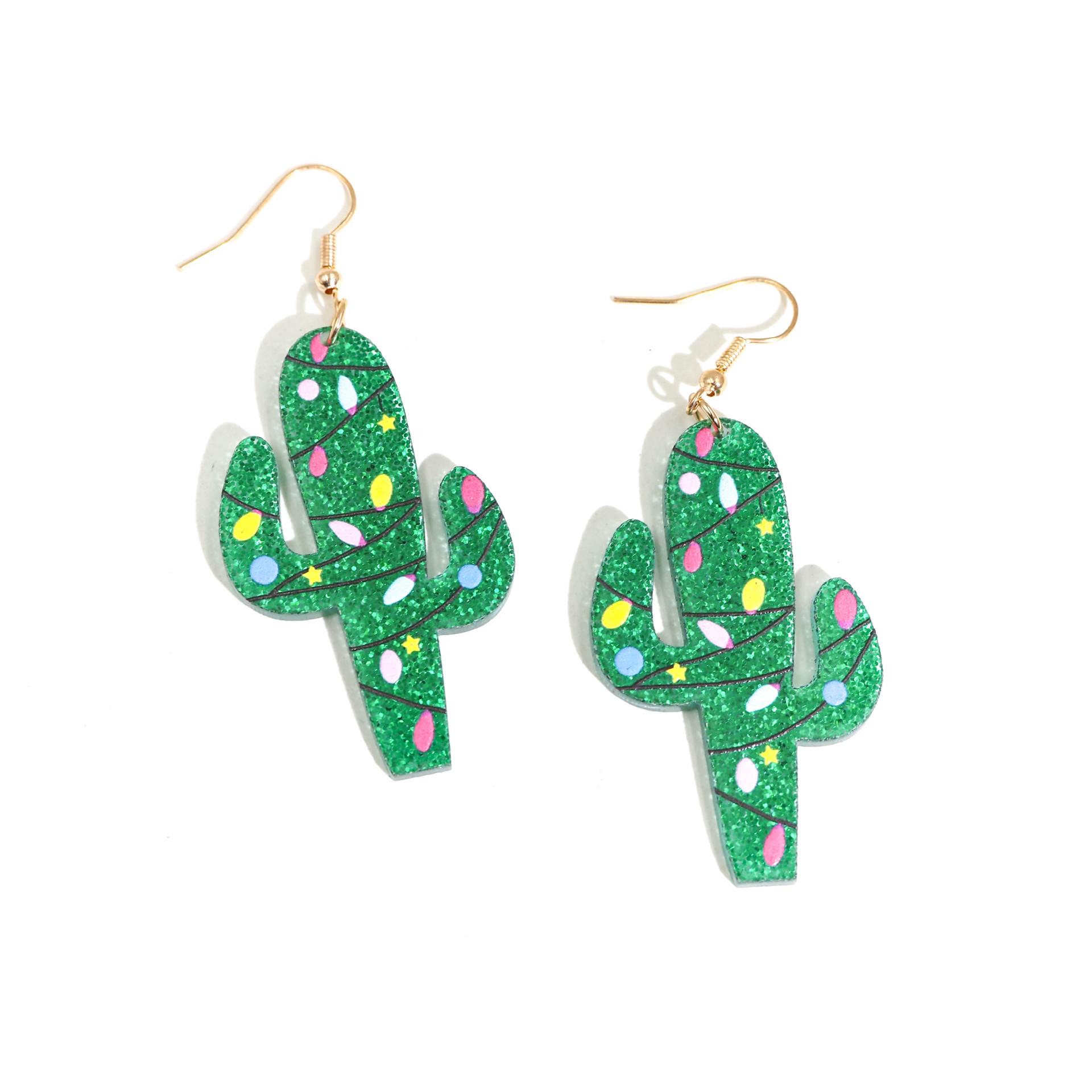

Festive Rainbow Cactus Tree Acrylic Stud Earrings - Unique Design for Women Cactus Earrings зелёный