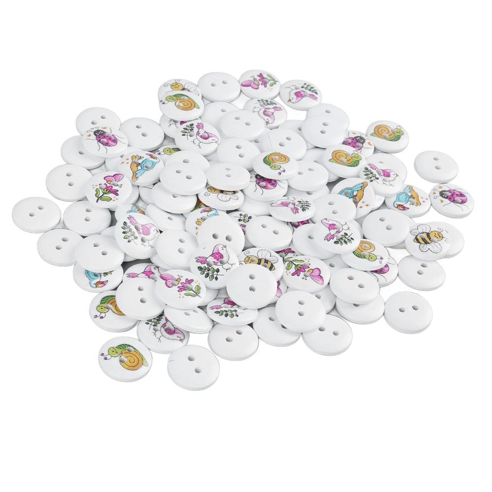 100pcs 2 Holes Decorative Buttons Mixed Printed Round Buttons Vintage Wooden Buttons  For DIY Crafts